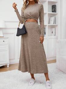 SHEIN LUNE Women'S Twisted Crop Top With Long Sleeves And Skirt Set - Brown - View 1