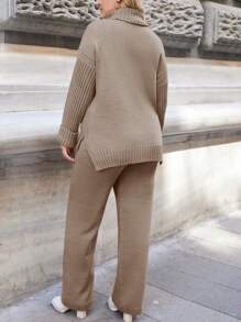 EURMUSE Plus Turtleneck Drop Shoulder Split Hem Sweater & Knit Pants, For Winter - Apricot - View 2