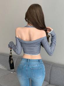 DAZY Women's Cold Shoulder Asymmetrical Hem Plaid T-Shirt