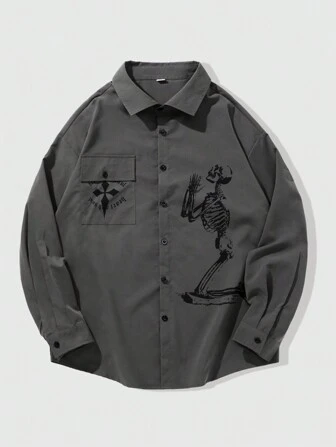 Goth Men's Skull Print Long Sleeve Shirt, School