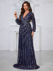 YISIKADO Của phụ nữ Kim sa Sọc Vượt qua Cổ v Tay áo dài Buổi tiệc Đầm dạ hội - Màu xanh hải quân - Xem 5