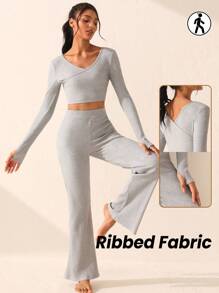 SHEIN Sports V-neck T-shirt And Pants Sports Set