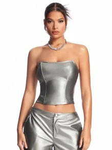 SHEIN BAE 女款純色金屬魚骨胸衣束腰上衣 - 銀色 - 查看 4