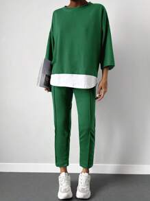 Drop Shoulder 2 In 1 Tee & Seam Detail Trousers - Green - View 5