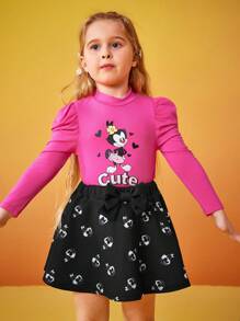 ANIMANIACS X SHEIN Young Girl Cartoon Pattern Long Sleeve Top And Skirt Set - Multicolor - View 4