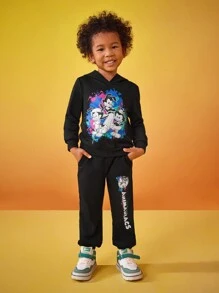 ANIMANIACS X SHEIN Young Boy Cartoon Printed Hooded Sweatshirt And Sports Pants Set - Black - View 4