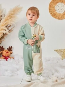 Baby Boys' Letter Dinosaur Pattern Color Block Baseball Collar Jumpsuit For Fall And Winter - Multicolor - View 5