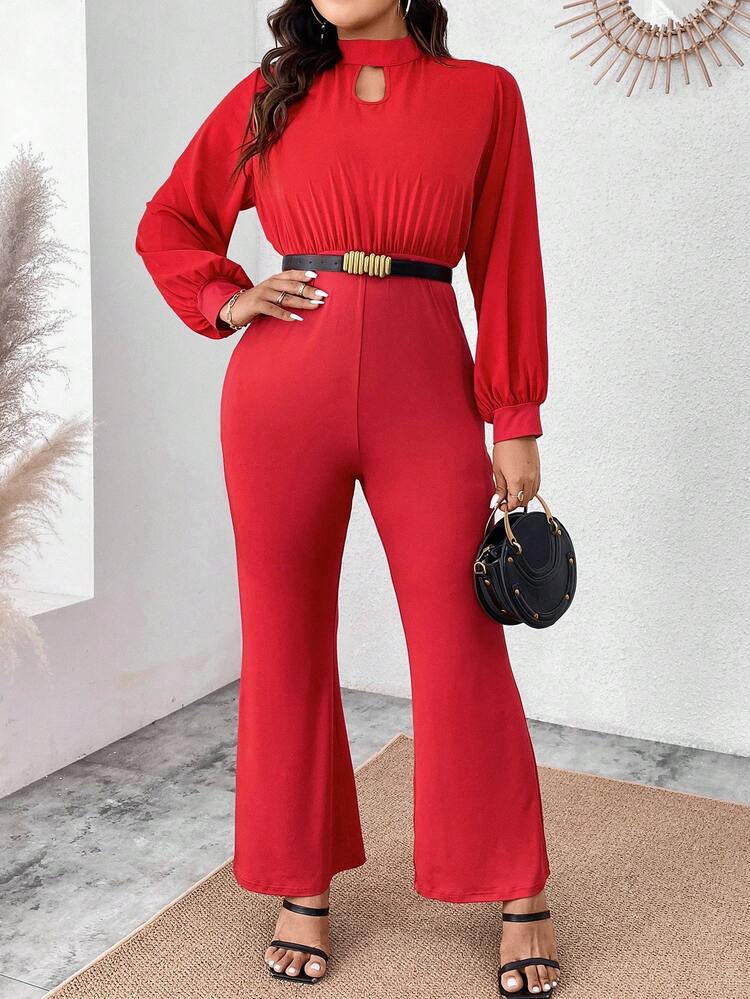 Plus Size Keyhole Neck Lantern Sleeve Flared Jumpsuit (No Belt Included)