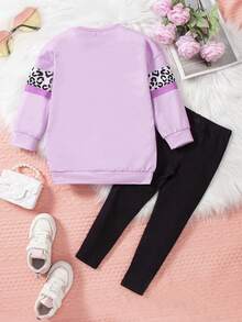 SHEIN Young Girl Leisure Leopard Patchwork People & Letter Print Sweatshirt And Leggings Set - Violet Purple - View 2
