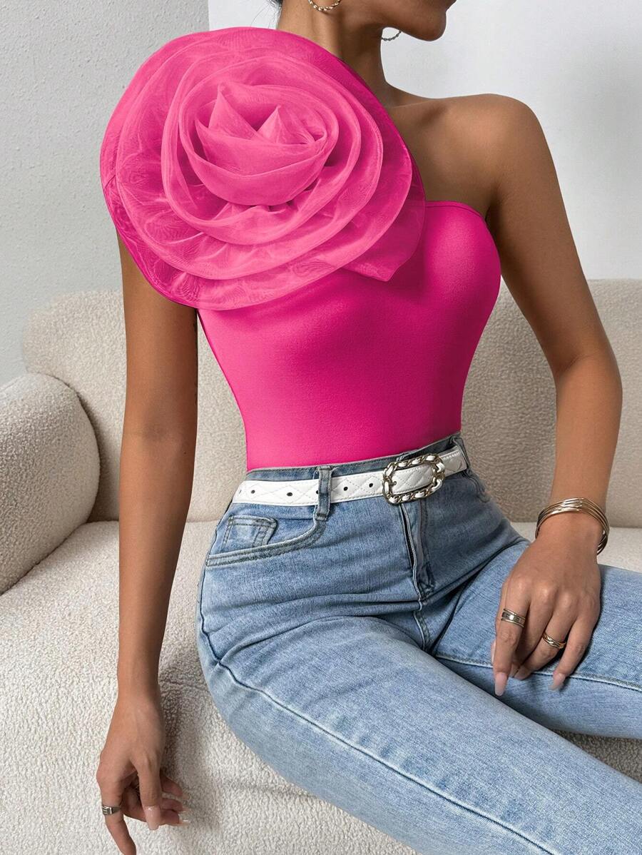 Chiquease Women's One Shoulder Top With 3d Flower Detail - Hot Pink - View 1