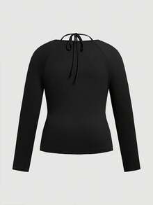 Flirla 大尺碼純色露背長袖t卹 - 黑色 - 查看 2