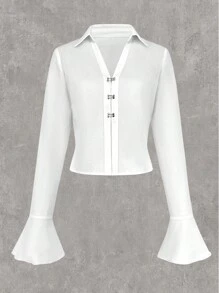 SHEIN EZwear Solid Hook And Eye Front Shirt - White - View 1