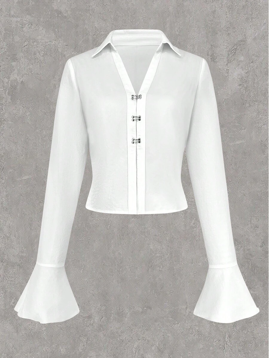 SHEIN EZwear Solid Hook And Eye Front Shirt - White - View 1