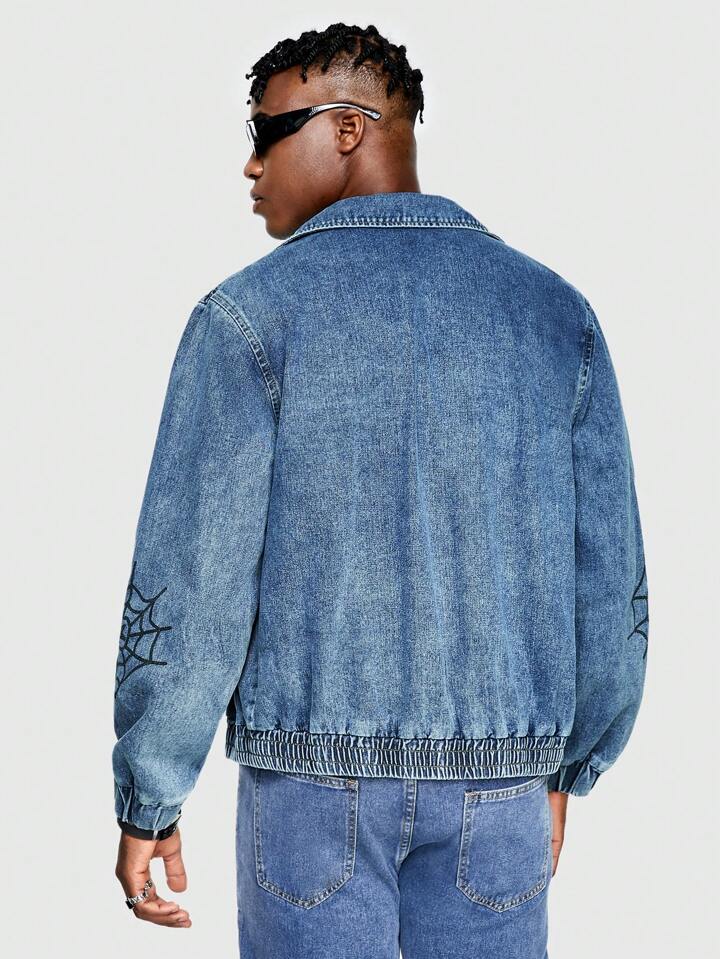 Street Life Men S Spider Web Letter Printed Denim Jacket