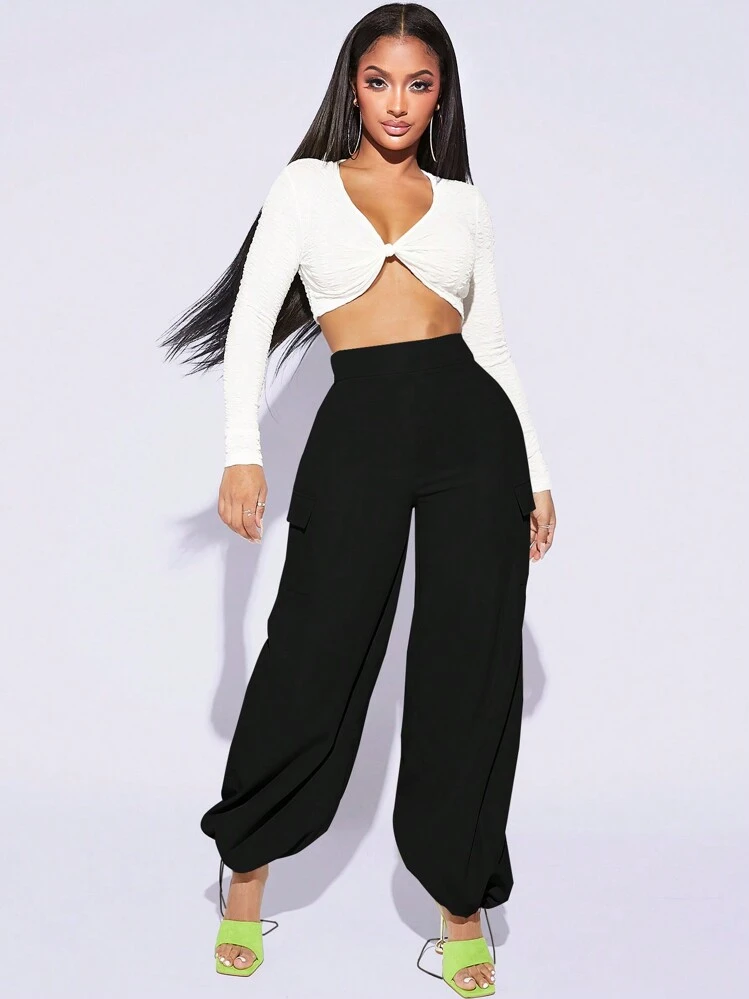 SHEIN SXY Flap Pocket Side Wide Leg Pants - Black - View 4