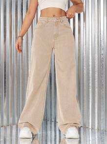 SHEIN EZwear 純色寬腿牛仔褲 - 卡其色 - 查看 3