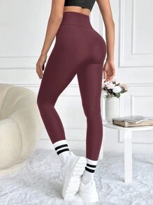 SHEIN Cottnline Wide Waistband Solid Leggings - Burgundy - View 2