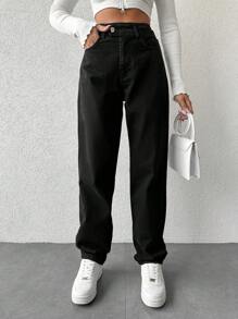 EURMUSE Petite Solid Color Straight Leg Jeans With Zipper Fly ,Petite Women - Black - View 3