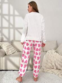 Women's Heart Pattern Plush Pajamas Set - Pink - View 2