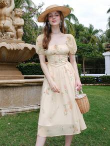 夏季优雅花卉印花泡泡袖收腰连衣裙