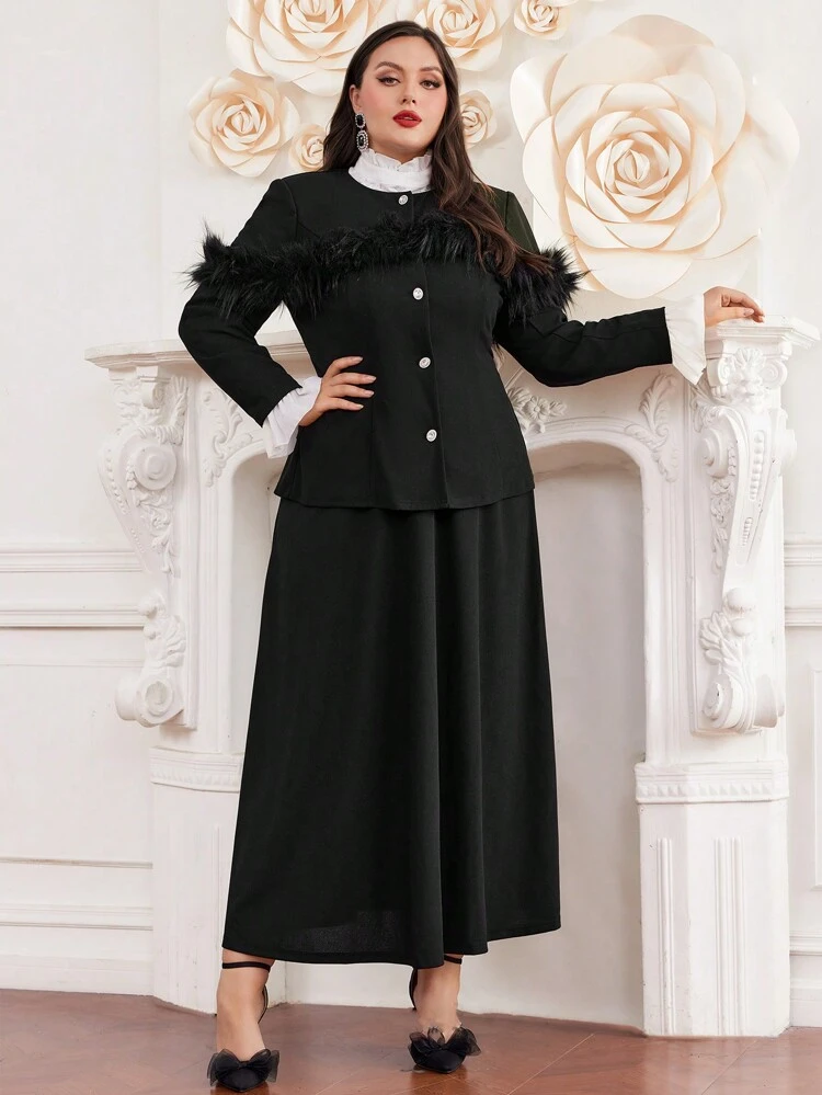 Plus Size Furry Patchwork Top And Solid Color Skirt Two Pieces Set 2 Pieces Set