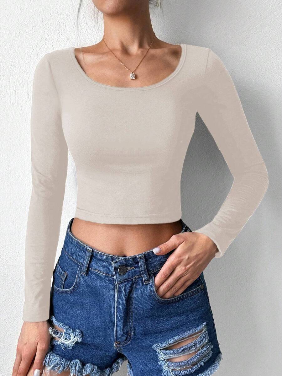 Solid Scoop Neck Crop Tee - Apricot - View 1