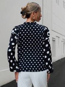 SHEIN Privé 女士波點領結荷葉邊上衣 - 黑與白 - 查看 3