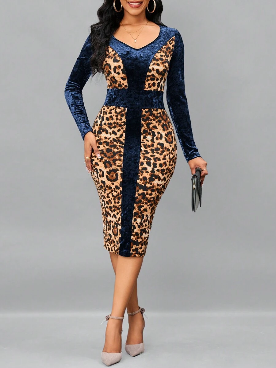 SHEIN Lady Patchwork Leopard Print Bodycon Long Sleeve Dress - Royal Blue - View 1
