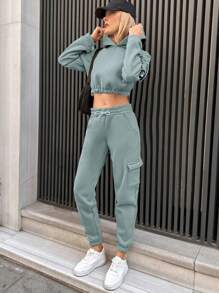 RueChic Letter Graphic Drop Shoulder Crop Hoodie & Sweatpants - Mint Blue - View 4
