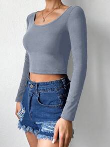 Solid Scoop Neck Crop Tee - Grey - View 3