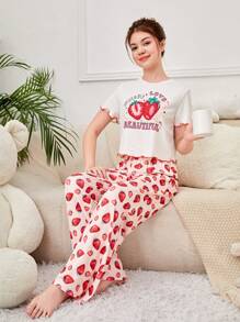 SHEIN Teen Girl Knitted Strawberry Patterned Tee And Pants Set With Wave Hem For Home Wear - Pink - View 3