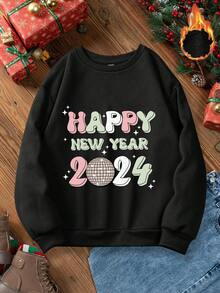 SHEIN LUNE Plus Size Sweatshirt With Slogan Print And Round Neckline - Black - View 6
