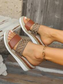 Lightweight Woven Brown Open Toe Thick Bottom Wedge Sandals For Women, Non-Slip Summer Beach Shoes, Indoor And Outdoor Slippers - Brown - View 6