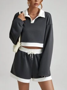 SHEIN Essnce Contrast Color Polo Collar Drop Shoulder Sweatshirt And Shorts Set - Multicolor - View 2