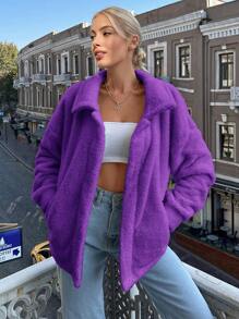 EURMUSE Drop Shoulder Teddy Jacket - Purple - View 4