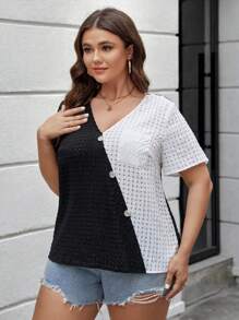 SHEIN LUNE Plus Size Women'S Color-Block Short Sleeve Shirt - Black and White - View 1