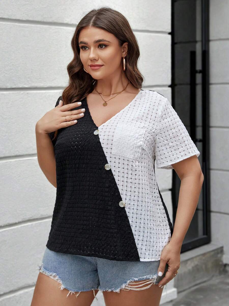 SHEIN LUNE Plus Size Women'S Color-Block Short Sleeve Shirt - Black and White - View 1