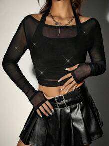 SHEIN ICON 女式透明網眼荷葉邊細部上衣 - 黑色 - 查看 4