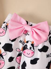 SHEIN Fashionable And Lovely Baby Girls' Cow Printed Bodysuit With Puff Sleeves, Bowknot, Bell Pants And Headband Set - Pink - View 5