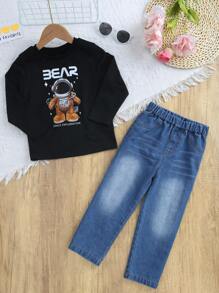 SHEIN 幼兒男童休閒Teddy長袖T卹＆磨損直腳牛仔褲二件套組 - 黑色 - 查看 1