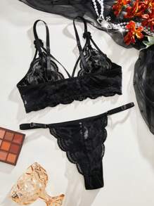 Conjunto De Lencería Sexy Con Encaje De Lentejuelas Y Transparencias