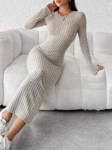 SHEIN PETITE 純色長袖裙 - 卡其色 - 查看 5