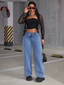 SHEIN ICON 純色不對稱直筒牛仔褲 - 中等水洗藍 - 查看 5