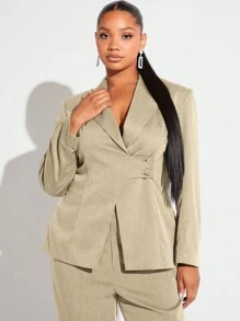 SHEIN SXY Plus Size Lapel Collar Wrap Single Breasted Suit Jacket - Khaki - View 5