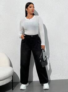 CovetEZ Talla Grande Jersey De Ganchillo De Manga Larga Sin Cierre Con Cuello Redondo Color Sólido - Blanco - Ver 3