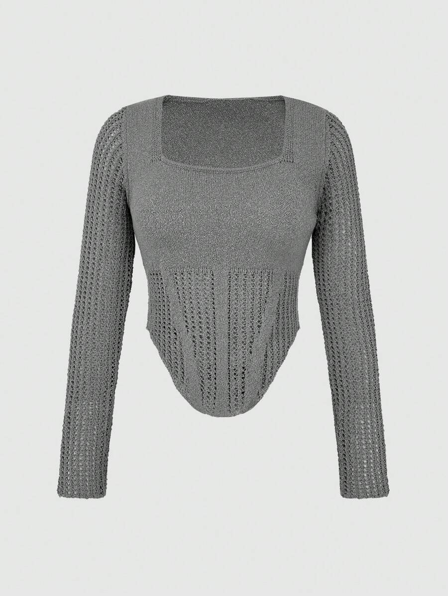 SHEIN Unity Square Neck Sweater With Bell-Shaped Hem Knit Pullover Fall Winter Sweater - Grey - View 1