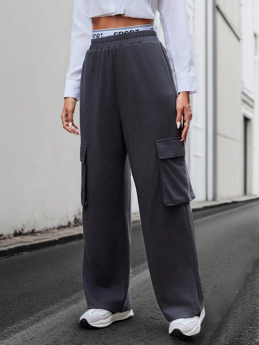 SHEIN Essnce Flip Pocket Straight-Legged Pants - Grey - View 1