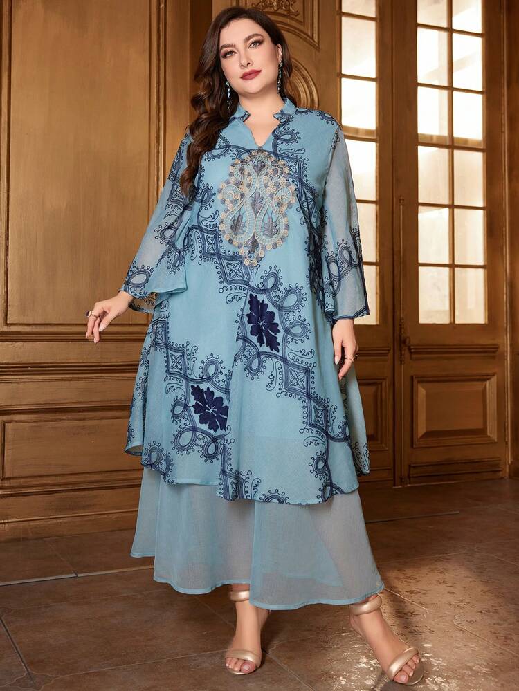 Women'S Plus Size Lace Patchwork Notched Neckline High-Low Hem Dress Kaftan Jalabiya Dress