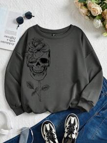 SHEIN LUNE Women's Plus Size Flower & Skull Print Drop Shoulder Long Sleeve Sweatshirt - Dark Grey - View 1
