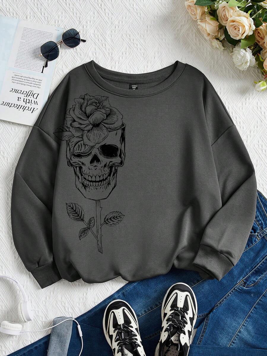 SHEIN LUNE Women's Plus Size Flower & Skull Print Drop Shoulder Long Sleeve Sweatshirt - Dark Grey - View 1